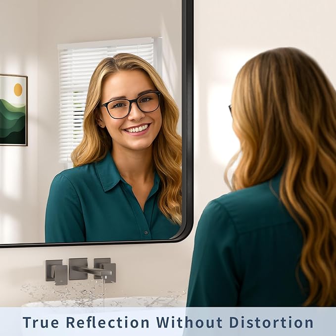 28×32 Black Frame Mirror for Over Sink - Rectangular Decorative Bathroom Mirrors with Rounded Corners & Aluminium Frame, Tempered-Glass, Restroom, Entryway, Wall, Vanity
