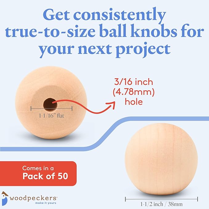 Wood Knobs, 1.5 Inch Round Natural Wood Drawer Pulls, Pack of 50 Unfinished Wooden Drawer Knobs, Ball Shaped Wood Cabinet Knobs, Nursery Dresser Knobs, Wood Door Knobs and Crafts