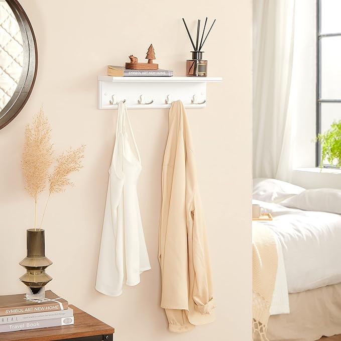 SONGMICS Entryway Hanging Coat Rack, Wall-Mounted Wooden Shelf, with 4 Double Hooks, Wall Floating Shelf, White ULHR42WT