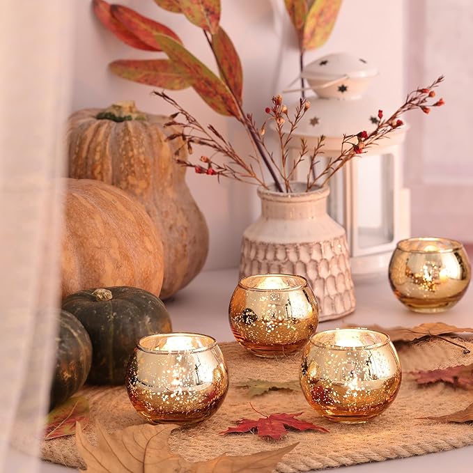 Volens Round Gold Votive Candle Holders, Mercury Glass Candle Holder Set of 12, Thanksgiving Decorations for Home