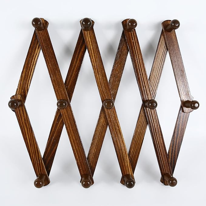 AMAPON Accordion Style Expandable Wall Wooden Coat Rack 13 Hooks (Pegs) Hang Hats Jackets Coffee Mug Purses Necklaces Towels Cap Leash Scarves Data Line Kitchenware (Walnut 2 Pack)