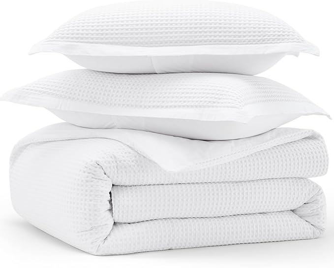 Bedsure Cotton Duvet Cover Queen - 100% Cotton Waffle Weave Bright White Duvet Cover Queen Size, GentleSoft™ and Breathable Bedding Set for All Season, 3 Pieces, 90"x90"
