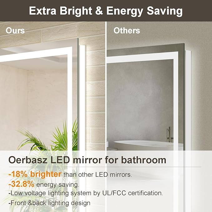 40x28 LED Bathroom Mirror with Lights, Brighter Backlit + Front Lit, Tempered Glass, Dimmable, Multiple Light Modes, Anti-Fog Lighted Bathroom Vanity Mirror for Wall, Memory Function