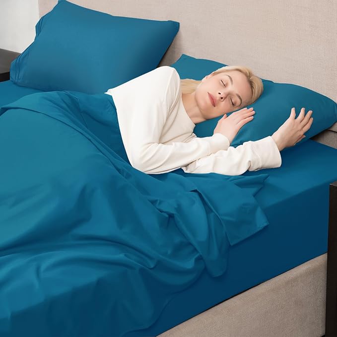 Mejoroom King Size Bed Sheet Set - Hotel Luxury 1800 Bedding Sheets & Pillowcases - 16" Deep Pocket Fitted Sheet, Soft, Breathable, Wrinkle & Fade Resistant - 4 Piece(King,Peacock Blue)