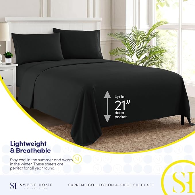 Twin Sheets - Breathable Luxury Sheets with Full Elastic & Secure Corner Straps Built In - 1800 Supreme Collection Extra Soft Deep Pocket Bedding Set, Sheet Set, EXTRA DEEP pocket - Twin, Black