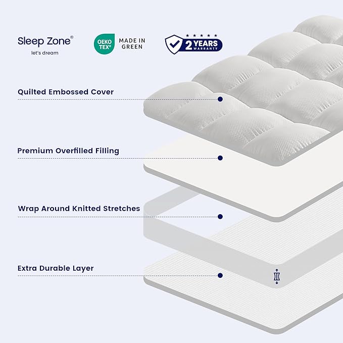SLEEP ZONE Mattress Topper Twin XL Size, Extra Thick Fitted Mattress Pad for Back Pain, Plush and Support Mattress Cover, Deep Pockets Mattress Protector, Hotel Quality (White, Twin XL)