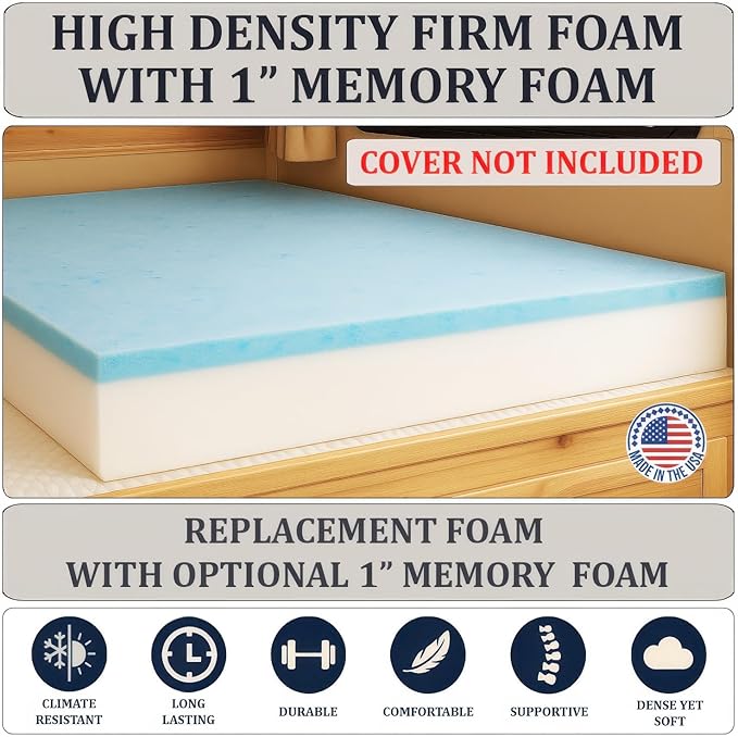 Foamma 12” x 42” x 80” Camper/RV Travel Gel Memory Foam Bunk Mattress Topper, Made in USA, Comfortable, Travel Trailer, CertiPUR-US Certified, Cover Not Included