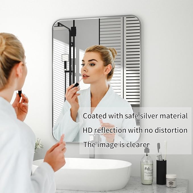 PAIHOME 22x30-Inch Brushed Nickel Bathroom-Vanity-Mirror for Wall - 304 Stainless Steel Silver Frame Bathroom Mirrors, Rectangle Farmhouse Mirror, Vertical Or Horizontal Hanging Modern Mirror