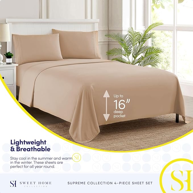 Split King Sheets - Breathable Luxury Sheets with Full Elastic & Secure Corner Straps Built In - 1800 Supreme Collection Extra Soft Deep Pocket Bedding Set, Sheet Set, Split King Size, Taupe