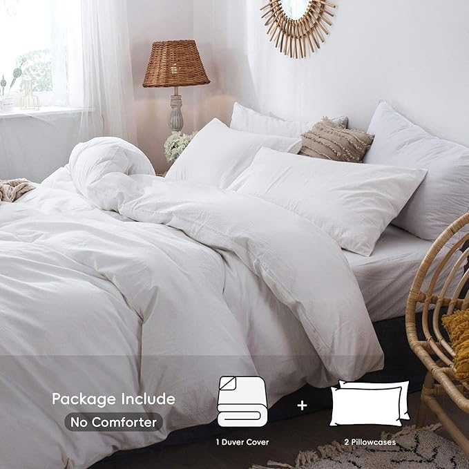 MooMee Bedding Duvet Cover Set 100% Washed Cotton Linen Like Textured Breathable Durable Soft Comfy (Solid Off White, Super King Plus 120"x120")