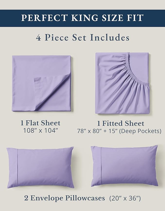 LANE LINEN 100% Organic Cotton Fully Elasticized King Sheet Set, Low Pilling Fade Resistant Machine Washable Naturally Cooling King Bedding Set, Soft & Comfy Cotton Sheets - Orchid Petal