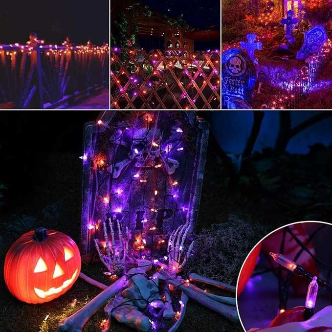 LYHOPE Orange Purple Halloween Lights Indoor, 2 Pack Total 66ft 200 LED Battery Halloween Light with 8 Mode, Timer, Waterproof Battery Operated String Lights for Home Tree Wreaths Party Holiday Decor
