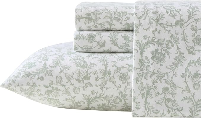 Laura Ashley - Flannel Sheets Queen Size, Anti-Pilling & Wrinkle Resistant Cotton, Touchably Soft for All-Season Comfort - Bed Sheets with Matching Pillowcases & Fitted Sheet (Brinna Green)