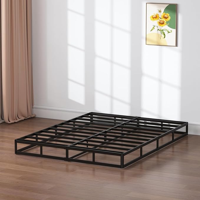 Queen Box Spring 7 Inch Low Profile Box Spring Queen Size Bed Base, 3000 lbs Black Heavy Duty Metal Mattress Foundation with Easy Clean Fabric Cover,Easy Assembly