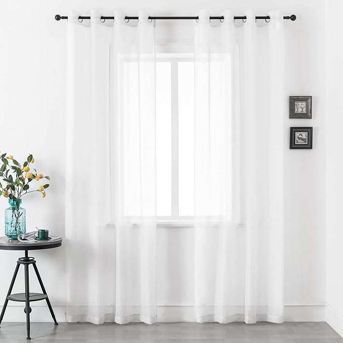 DUALIFE White Sheer Curtains 96 Inches Long Set 2 Panels Grommet Semi Transparent Drape Tulle Gauze Voile Window Sheer Curtains for Bedroom Living Room Dining Wide 52 Length Solid Color