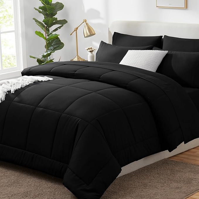 CozyLux Twin XL Comforter Set Black, 5 Pieces Twin Extra Long Bed in a Bag for College Dorm, All Season Bedding Set with Stitch Quilted Comforter, Flat Sheet, Fitted Sheet, Pillowcases