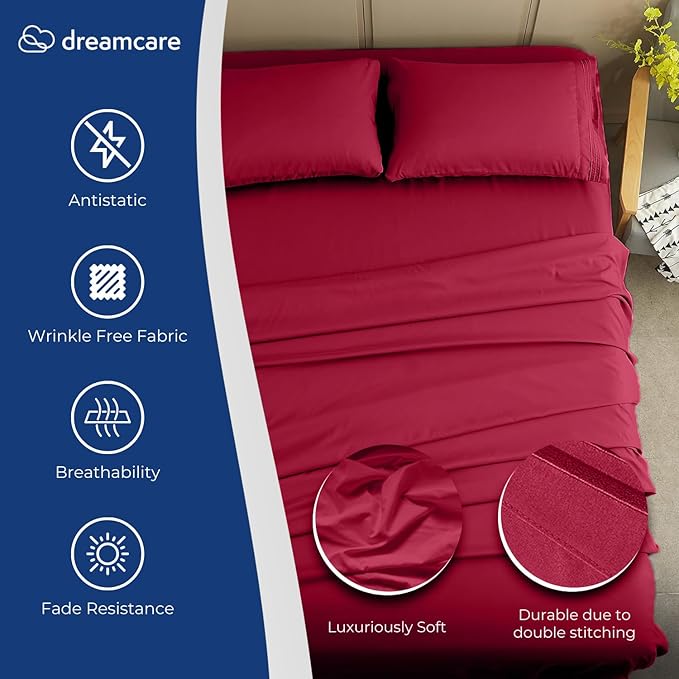 DREAMCARE California King Sheet Sets – 4 pcs Cooling Sheets – up to 21” Deep Cal King Sheets – Hotel Luxury Pillowcases – Superior Softness 100% Fine Microfiber with Side Pocket –Burgundy