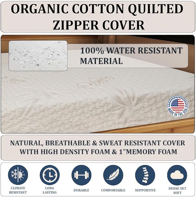Foamma 6” x 30” x 75” Truck, Camper, RV High-Density Bunk Mattress, Organic Cotton Cover, Made in USA, Comfortable, Travel Trailer, CertiPUR-US Certified