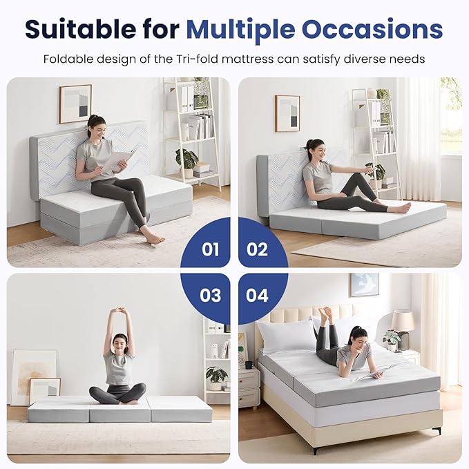 Foldable Mattress Full 6 inch -Portable White Memory Foam Folding Matress with Washable Cover for Camping Travel Guest Room Home Use-Non-Slip&Easy Storage