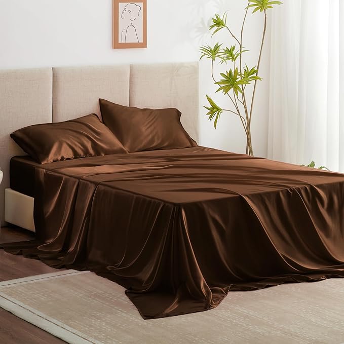 Love's cabin Twin Satin Sheets Sets - 3 Piece Brown Silky Bed Sheets Twin with Deep Pockets, Luxury Silk Feel Satin Sheet Set Bedding Set (1 Flat Sheet,1 Fitted Sheet,1 Pillow case)