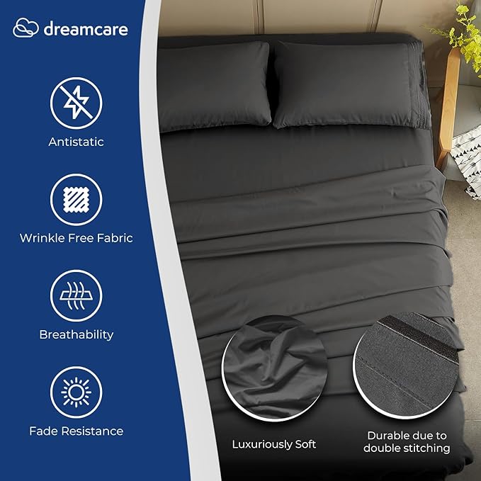 DREAMCARE Full Size Sheets – 4 pcs Cooling Sheets – up to 21” Deep Full Sheet Set – Hotel Luxury Pillowcases – Superior Softness 100% Fine Microfiber with Side Pocket – Gray