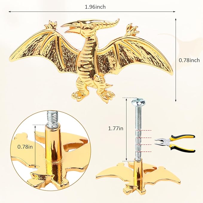 8 Pack Metal Dinosaur Knobs for Kids Furniture - Flying Dino Gold Finish Drawer Pulls & Cabinet Handles, Scratch-Resistant (Pterodactyl)