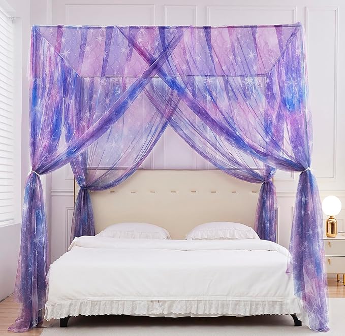 Mengersi Tie Dye Canopy Bed Curtains with Lights,Gradient Ombre Bed Canopy for Girls,Canopy for Bed Princess Bed Drapes for Girls Room Decor(King,Purple)