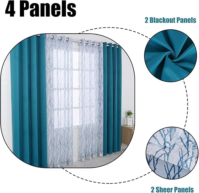 BONZER Mix and Match Curtains - 2 Pieces Branch Print Sheer Curtains and 2 Pieces Blackout Curtains for Bedroom Living Room Grommet Window Drapes, 54x84 Inch/Panel, Teal, Set of 4 Panels
