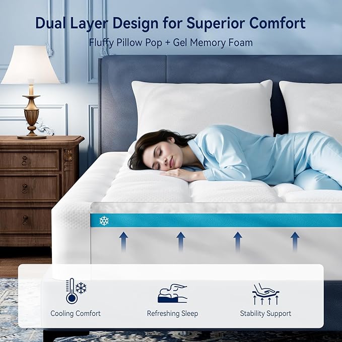 ELEMUSE King Size Dual Layer 3 Inch Memory Foam Mattress Topper, 1 Inch Plush Feel Pillow Top Mattress Topper Cover and 2 Inch Cooling High Density Memory Foam Bed Pad for Back Pain Relief