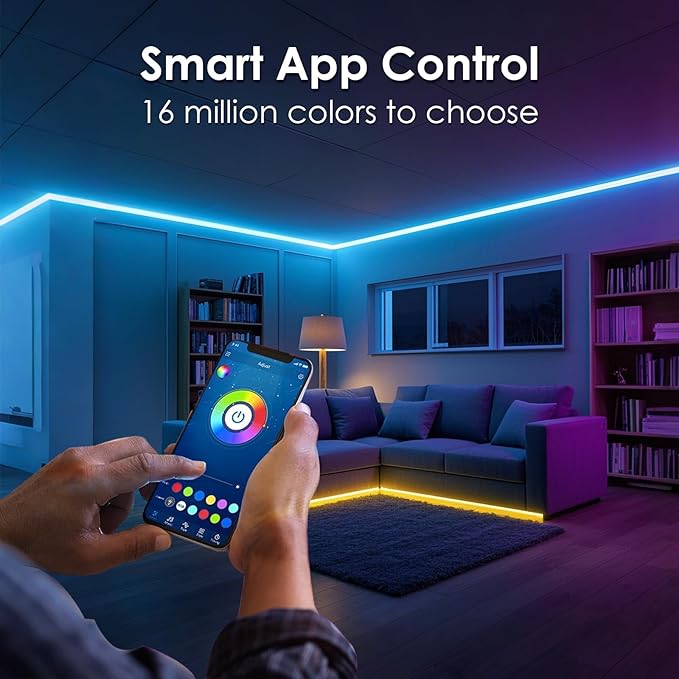 hyrion 50ft USB-Powered RGB LED Strip Lights, Music Sync & Sound-Reactive Color Changing Lights for Bedroom, TV Backlight, Gaming Setup, Bluetooth, IR Remote & Smart App Control