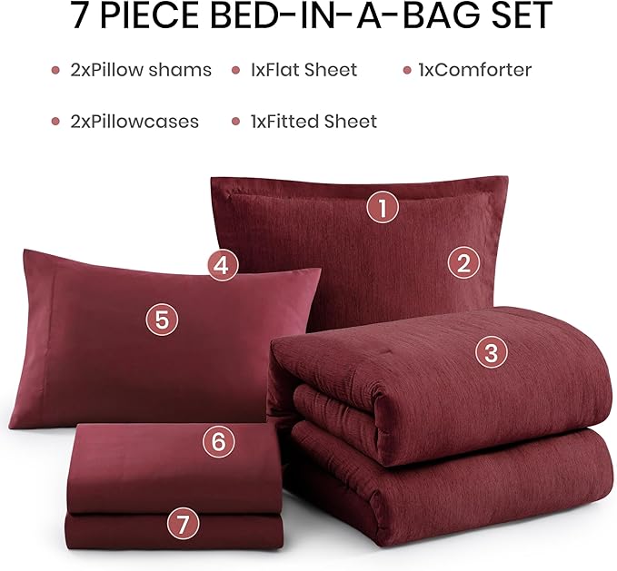 Monbix Queen Comforter Set Red, Cationic Dyeing Reversible Bedding Set 7 Pieces, All Season Bed in a Bag with Sheets, Pillowcases & Shams