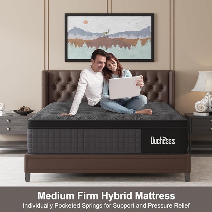 Queen Mattress, 12 Inch Mattresses Hybrid Black with Gel Memory Foam and Individually Pocket Innerspring Euro Top Medium Firm for Motion Isolation, Edge Support