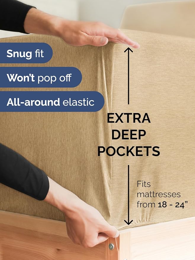Extra Deep Twin XL Sheet Set - 4 Piece Breathable & Cooling Sheets - Hotel Luxury Bed Sheets Set - Easy Fit - Soft, Wrinkle Free & Comfy Sheets Set - Heathered Tan Sheet Set with Extra Deep Pockets