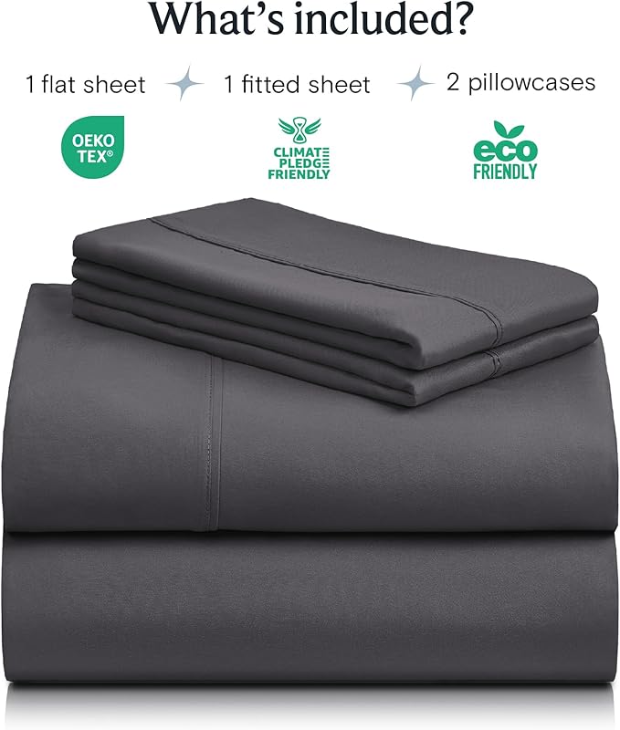LuxClub 4 PC Queen Sheet Set, Sheets Queen Size, Deep Pockets Wrinkle Free Cooling Sheets Machine Washable Hotel Bedding Silky Soft - Dark Grey Queen