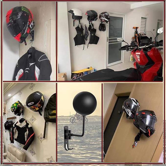 SANGMO 180° Motorcycle Helmet Rack, Rotation Metal Helmet Holder Wall Mounted Helmet Rack Motorcycle with 2 Hooks Helmet Hanger for Motorcycle Bike Coats, Caps, Baseballs and Rugby Helmet (2 Pack)