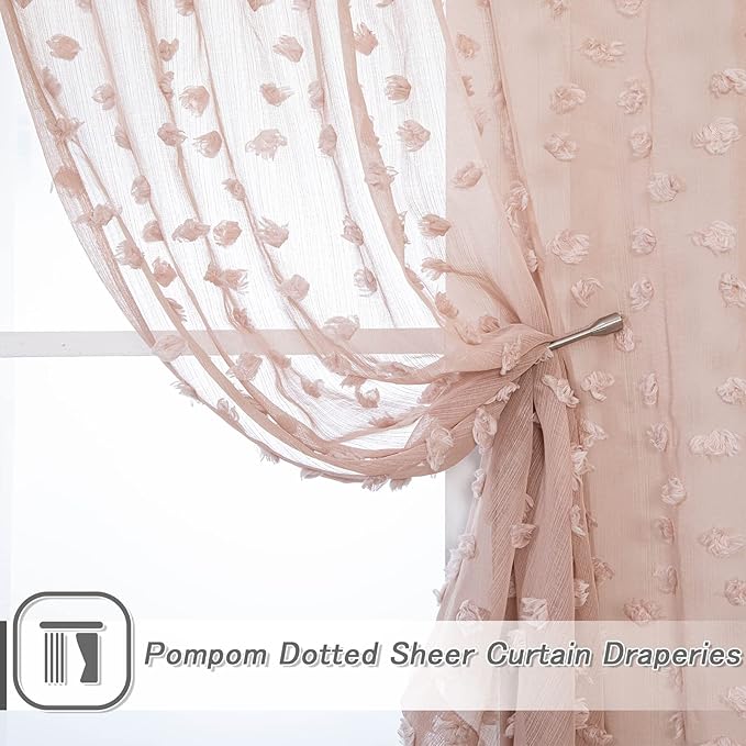 MYSKY HOME Pom Pom Pink Sheer Curtains for Bedroom Girls Room Dusty Rose Curtains 84 Inches Long for Nursery Kids Light Filtering Boho Window Drapes, Rod Pocket, 52" Wide, 2 Panels