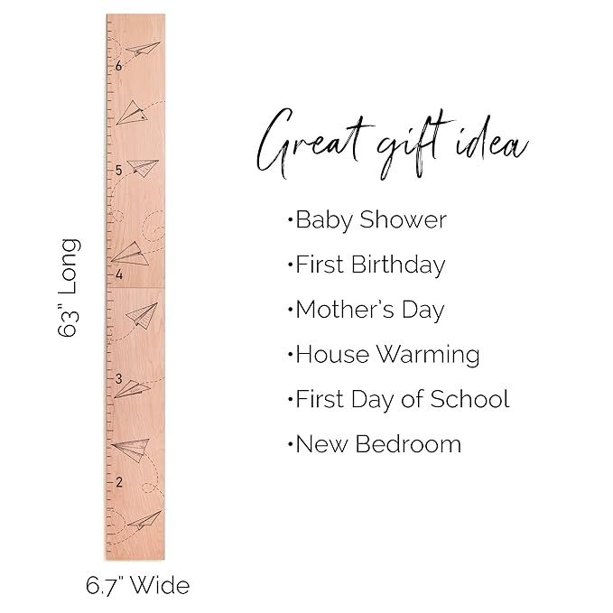 Headwaters Studio Wooden Growth Chart for Wall- Wood Height Chart for Kids Child Height Wall Chart Wood Growth Chart for Kids, Height Wall Chart Height Measurement-Paper Airplanes-Natural-63" x 6.7"