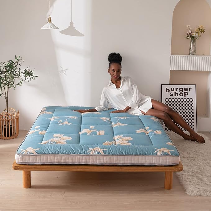 MAXYOYO Floral Printed Futon Mattress, Japanese Floor Mattress Quilted Bed Mattress, Extra Thick Folding Sleeping Pad Breathable Floor Lounger Guest Bed for Camping, Twin Size