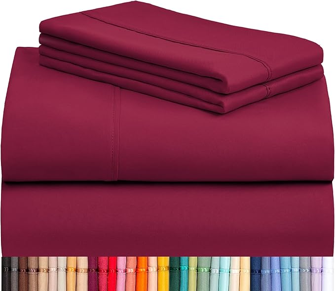 LuxClub 3 PC Sheet Bed Sheets Deep Pockets Wrinkle Free-Kids-Fitted Sheets Machine Washable Hotel Bedding Silky Soft - Burgundy Twin