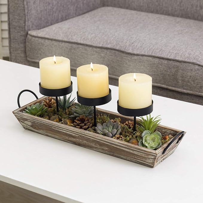MyGift Solid Torched Wood Candlescape Display Tray Set with Metal Pillar Candle Holder and Decorative Fake Succulent Plants and Pine Cones - Holds 3 Candles
