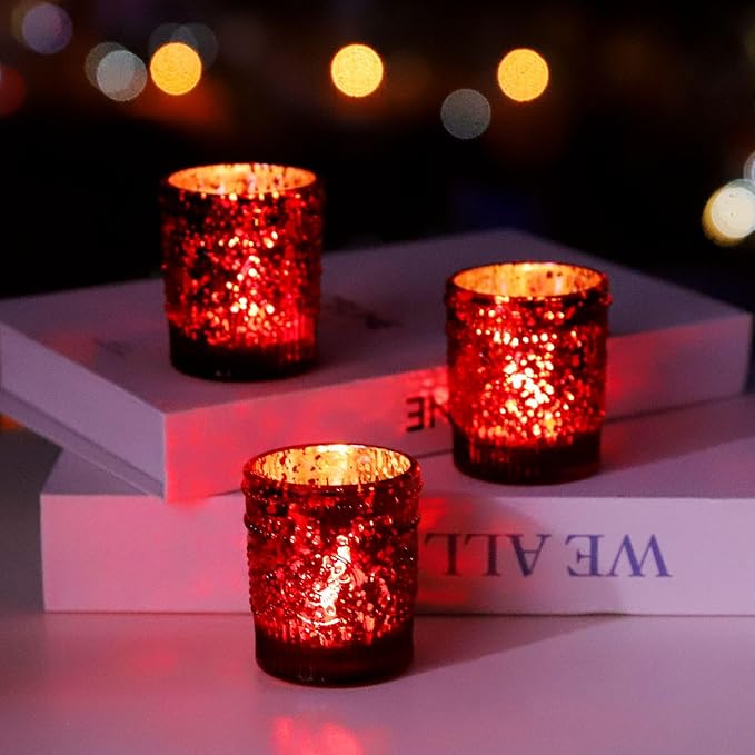 VOHO Red Mercury Glass Candle Holder Set of 12, Boho Sunflower Red Votive Candle Holders for Table Centerpiece, Festive Tealight Candle Holder for Christmas, Thanksgiving, Valentines Day Decorations
