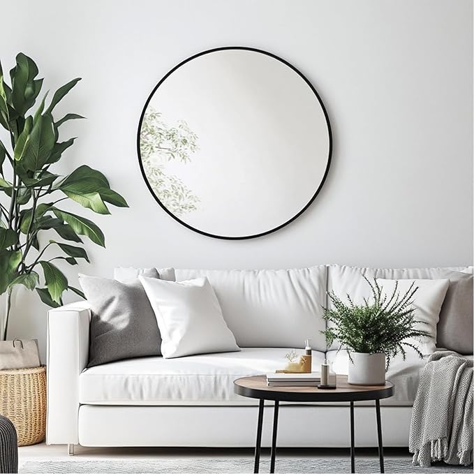 Round Mirror 28 inch, Black Round Mirror, Large Circle Mirrors Metal Frame, Black Circle Mirrors for Wall, Bathroom, Living Room, Dining Room, Entryway.