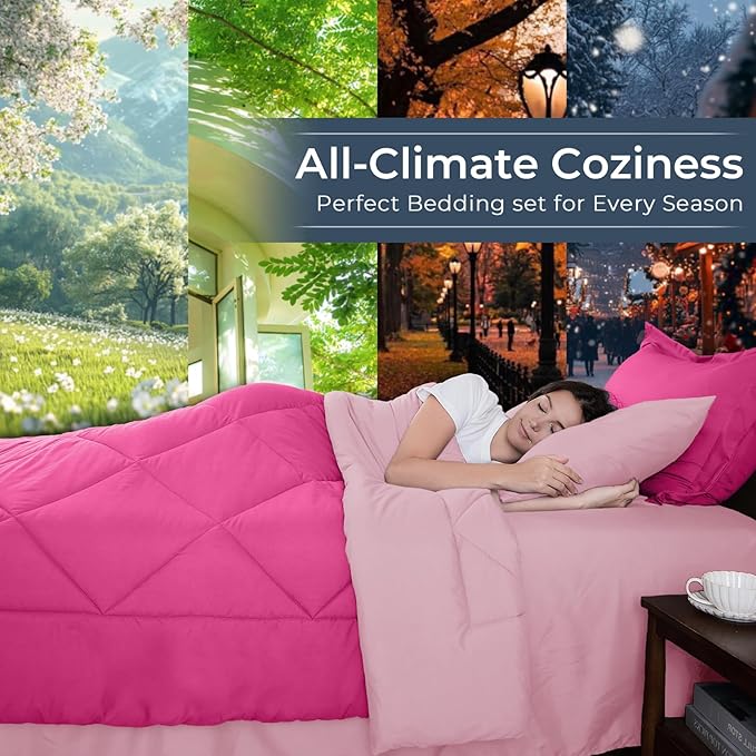 HEVUMYI Hot Pink & Baby Pink Twin Comforter Set - 5-Piece All Season Bed in a Bag Twin, Ultra Soft Bedding Set with Comforter, Flat Sheet, Fitted Sheet, Pillowcases, Pillow Shams