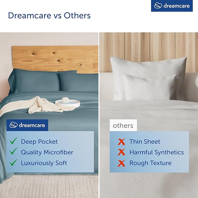 DREAMCARE King Size Sheets Set – 4 pcs Cooling Sheets – up to 21” Deep Pocket King Sheet Set – Hotel Luxury Sheets & Pillowcases – Superior Softness 100% Microfiber with Side Pocket - Mineral Blue