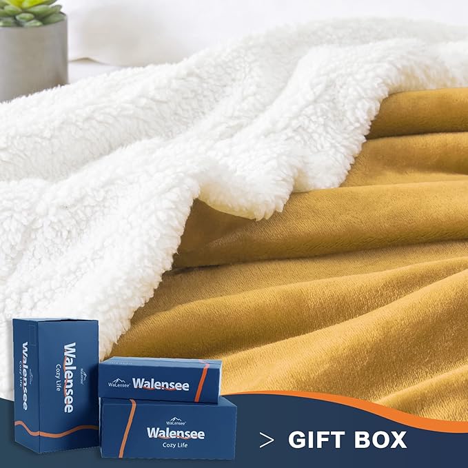 Walensee Sherpa Fleece Blanket (Throw Size 50”x60” Honey Gold) Plush Throw Fuzzy Super Soft Reversible Microfiber Flannel Blankets for Couch, Bed, Sofa Ultra Luxurious Warm and Cozy for All Seasons