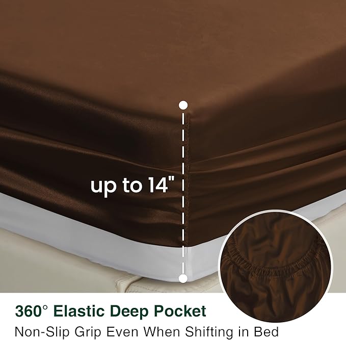 Love's cabin Satin Queen Sheets Set - 4 Piece Brown Silky Bed Sheets with Deep Pocket, Luxury Silk Feel Satin Queen Size Sheet Set (1 Flat Sheet,1 Fitted Sheet,2 Pillow Cases)