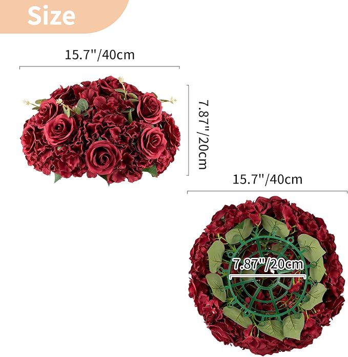 NUPTIO Flower Balls for Wedding Centrepieces - 10 Pcs 15.7 inch Diam Large Burgundy Artificial Flowers Roses Ball Fake Flower Arrangement Bouquet Faux Rose for Wedding Party Centrepiece Decorations