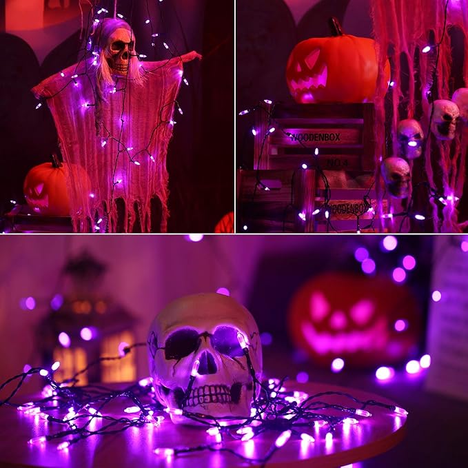 BrizLabs Purple Halloween Lights, 33ft 100 LED Halloween String Lights, 8 Modes Battery String Light with Timer, Indoor Outdoor Battery Purple Tree Light for Party Christmas Tree Bedroom Patio Decor