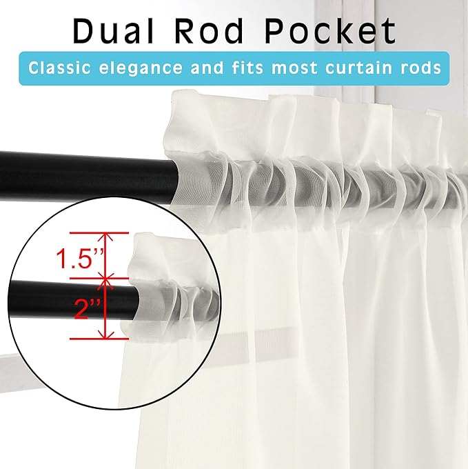 OWENIE Ivory Sheer Valance for Kitchen Windows Set of 2, Small Modern Rod Pocket Voile Valance Curtain Window Treatment Decor for Living Room Bathroom Cafe Laundry Basement, 42" W x 14" L