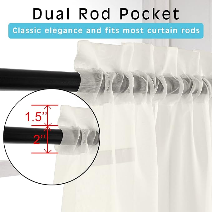 OWENIE Short Sheer Curtains 24 Inches Long 2 Panels for Bathroom Window, Rod Pocket Light Filtering Sheer Tier Curtains for Small Kitchen Laundry Room, RV, Camper Travel Trailers, 42 W x 24 L, Ivory